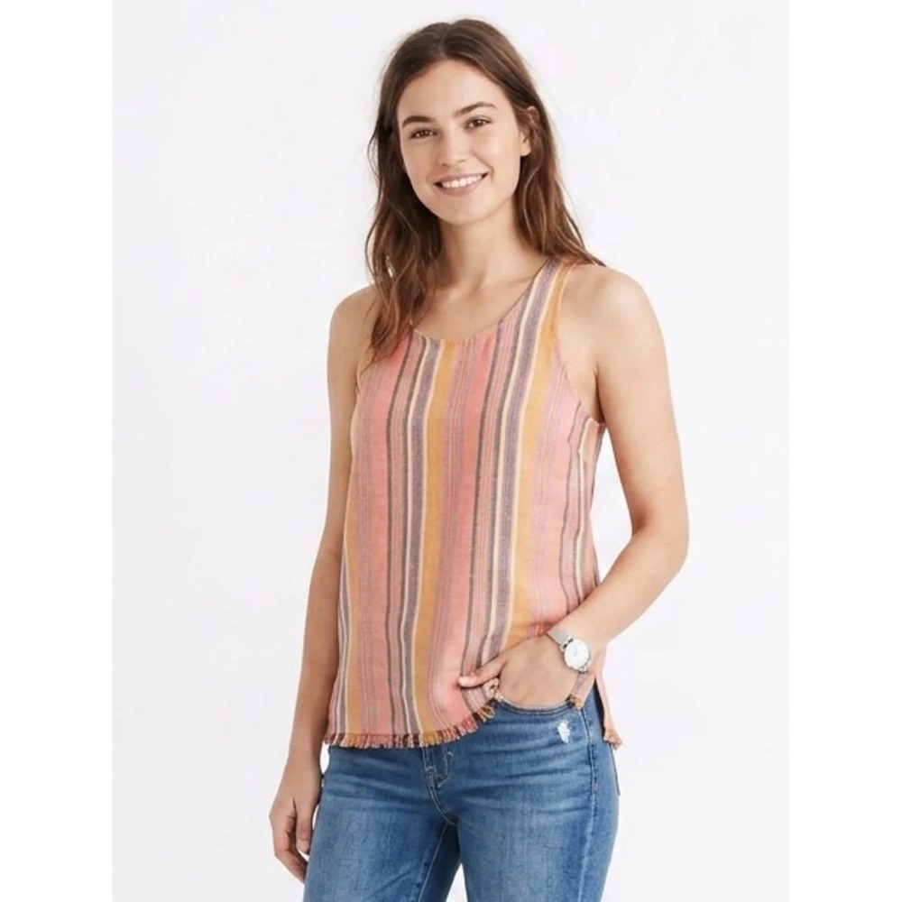 Drew Women Multi Color Vertical Stripe Sleeveless Frayed Hem Tank Top Size M